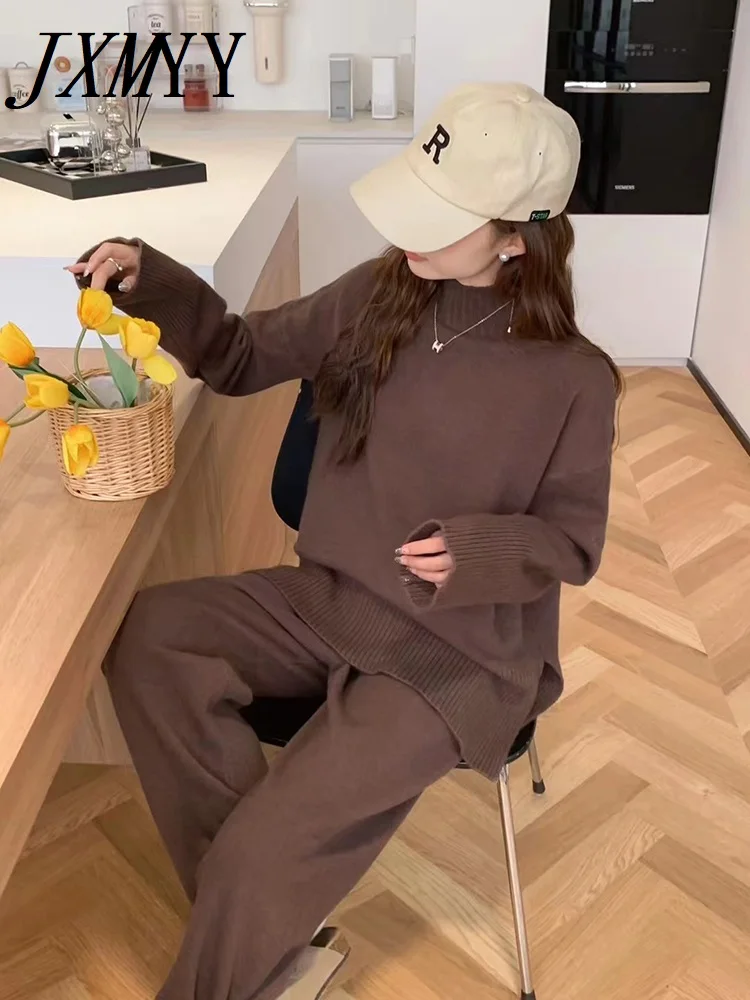 JXMYY-Women\'s Half Turtleneck Pullover, Knitted Suit Pants, Straight Leg, Loose, Monochromatic, Casual, Lazy Style, Fashion