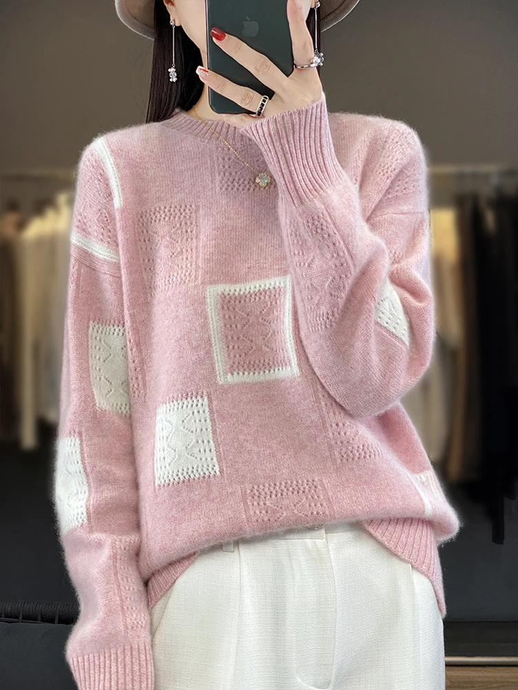 Autumn and Winter New 100% Pure Wool Design Knitted Sweater Women\'s Hoodie Colorful Checkered Top [Returns Not Supported]