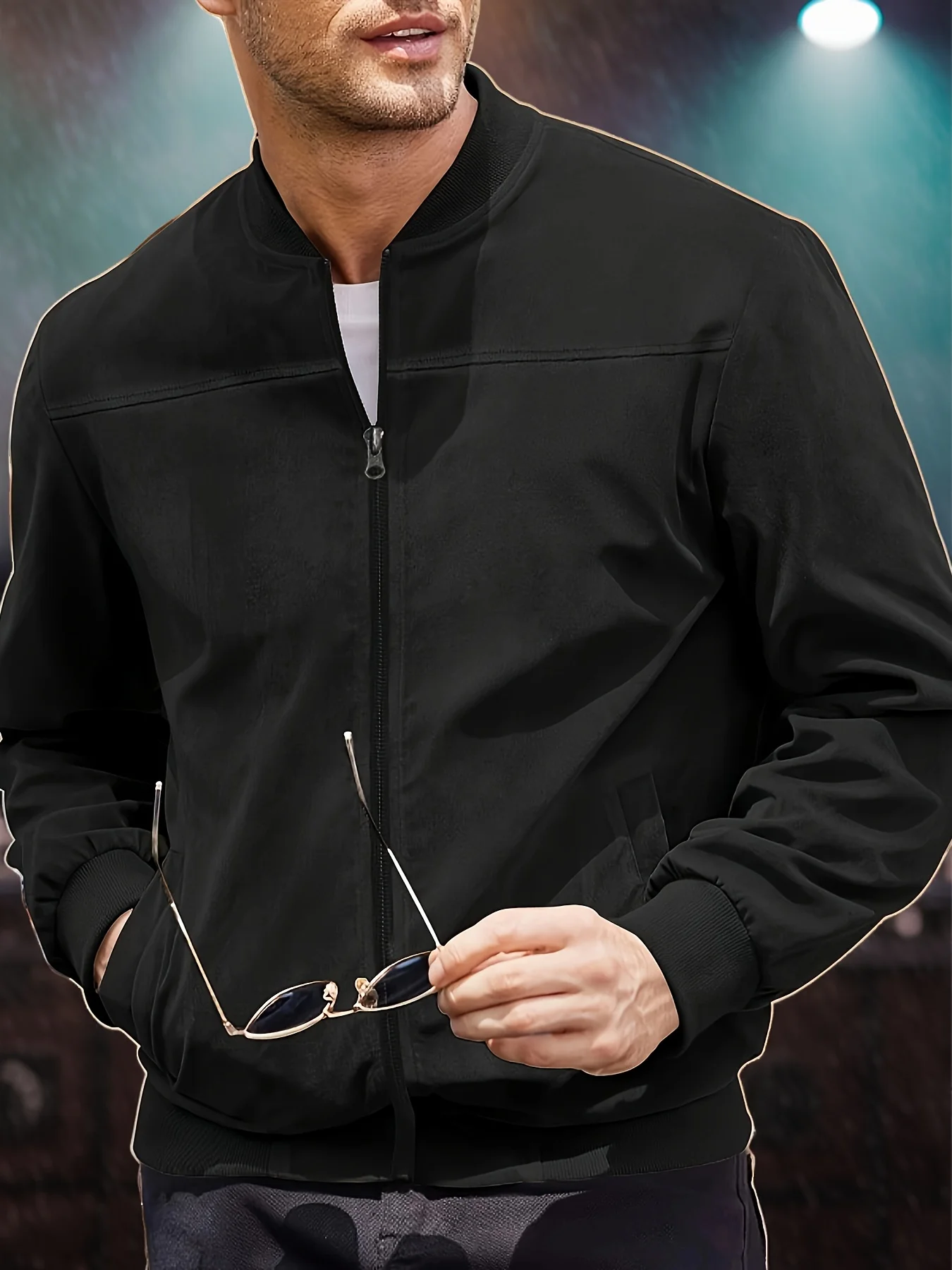 

Polyester Men's Zip-Up Jacket | Stylish Long Sleeve Stand-Up Collar Zippered Pockets Perfect for Spring & Autumn