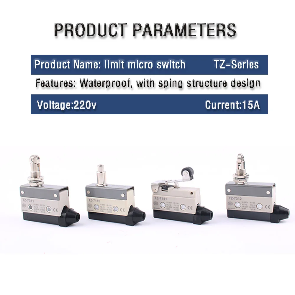 15A 250VAC TZ-7110 TZ-7141 TZ-7311 TZ-7312  Waterproof Micro Switch Travel Limit Switch Straight 90 degree Roller Lever