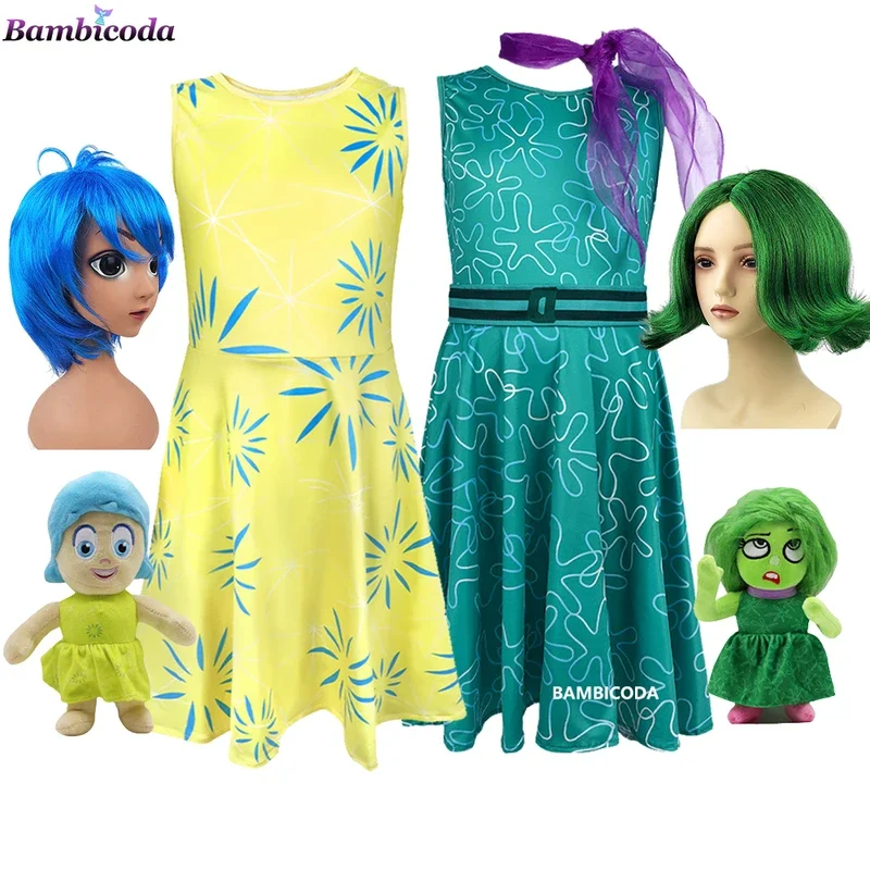 Movie Inside-Out Disgust Cosplay Costume Inside-Out Joy Inspired Dress Wig Kids Halloween Christmas School Party Cosplay Costume