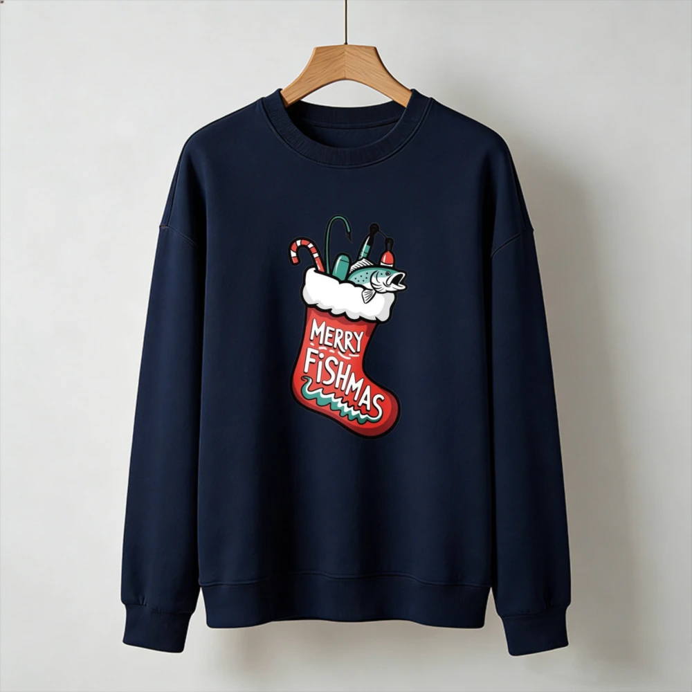 Merry Fishmas Christmas Stocking Fish Graphic Pullover Fishing Tackle Candy Cane Print Long Sleeve Winter Holiday Jumper Gift