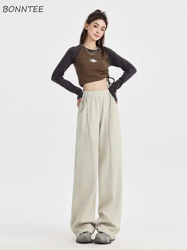 Wide Leg Pants Women Solid Pockets Drawstring High Elastic Waist Loose Korean Style All-match Fashion Chic Slim Students Leisure