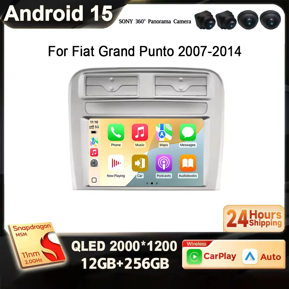 For Fiat Grand Punto 2007-2014 Android 15 2 Din Car Radio Multimedia Player Carplay Autoradio Stereo GPS BT 2K QLED 4G Head Unit