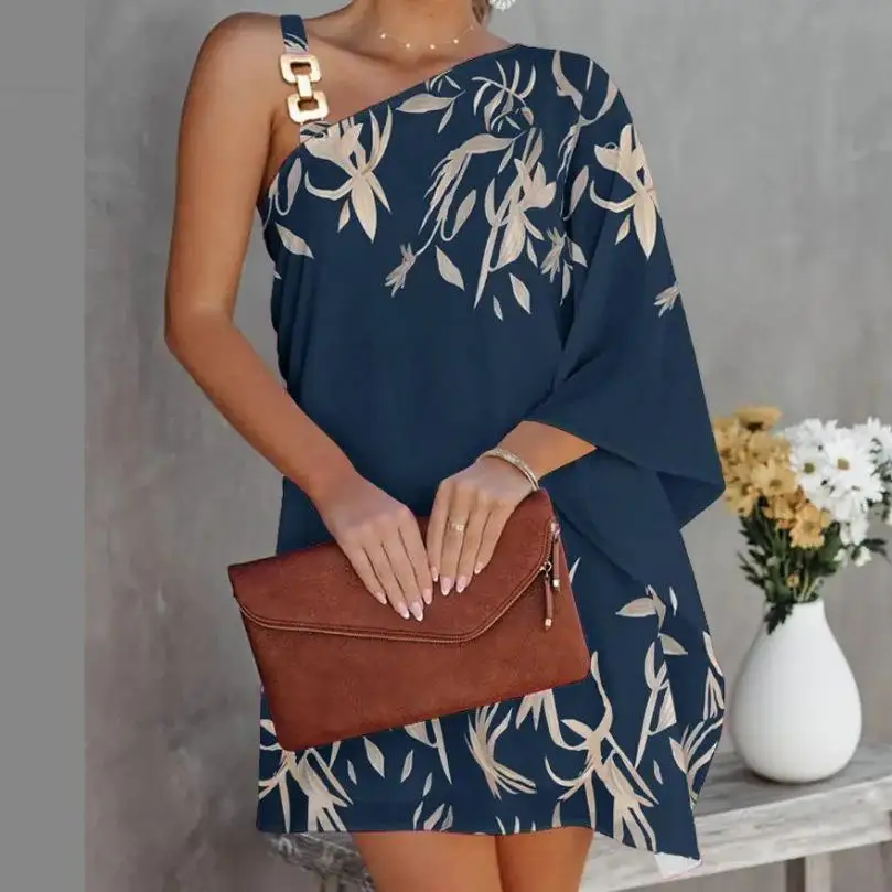 

2023 Summer Dress Women Elegant Slant Neck Dresses Chain Strap Print Boho Mini Dress Fashion Female Sexy Off Shoulder Vestidos