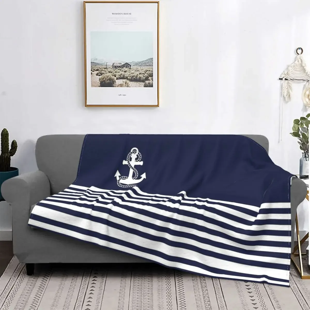 Nautical Navy Blue Stripes And White Anchor Blanket Cover Plush Throw Blankets Bedding Couch Portable Soft Warm Bedspread