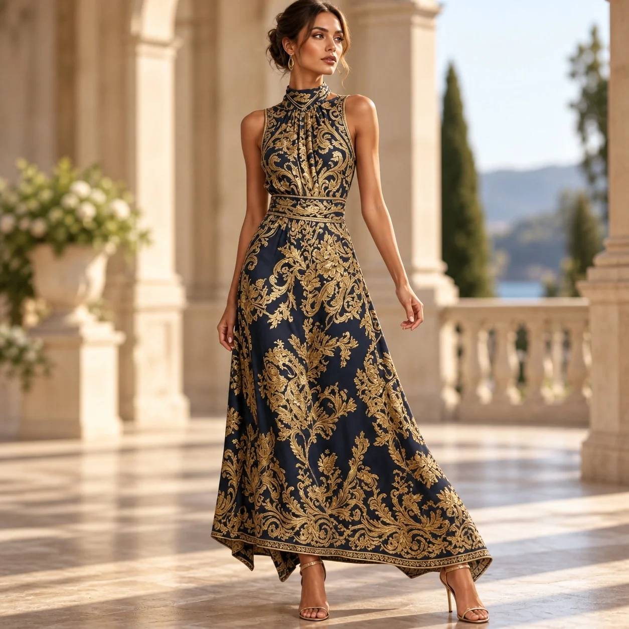 Pull on Jacquard Gown Loose Fit Boho Retro with High Neck Maxi Length Asymmetrical Slimming Fitted Evening Dress for Women