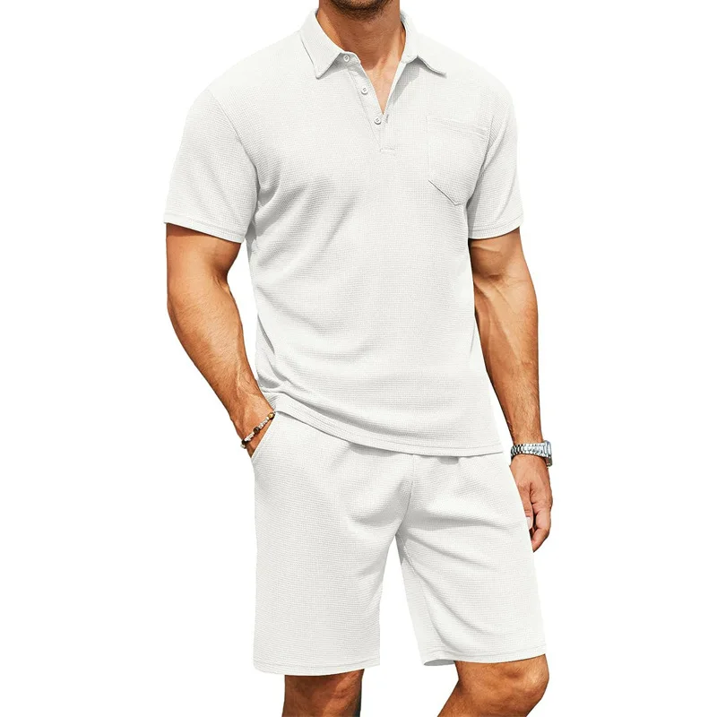2026 Mens Slim Fit Polo Shirt Pocket Shorts Set Turn Down Collar T Shirt Summer Casual Two Piece Outfit