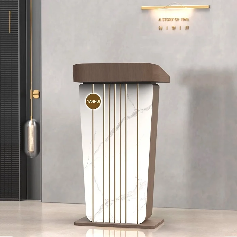 

Стойка ресепшн из нержавеющей стали с отделкой под дерево и мрамор, в сочетании с современным светящимся дизайном в стиле люкс, для конференц-залов и школьных аудиторий.