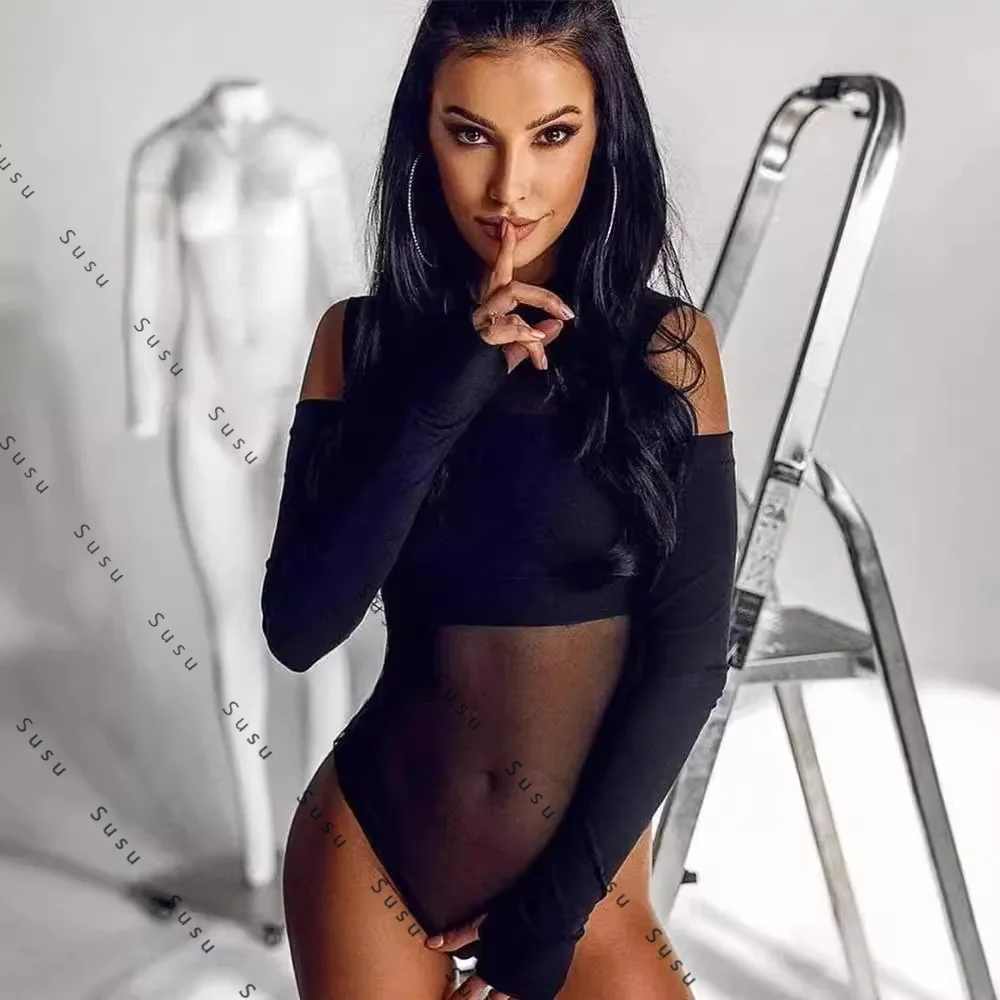 

2025 New Women's Clothing Autumn New Fashion Sexy Mesh Splicing Off-Shoulder Long Sleeve Slim and Skinny onesie