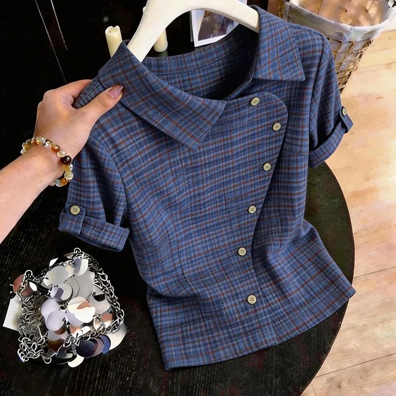 

Retro Plaid Button-Up Short Sleeve Shirt Slim Fit Women's Fashion Top Spring Summer New Style Vintage Side Button Turn-down C...