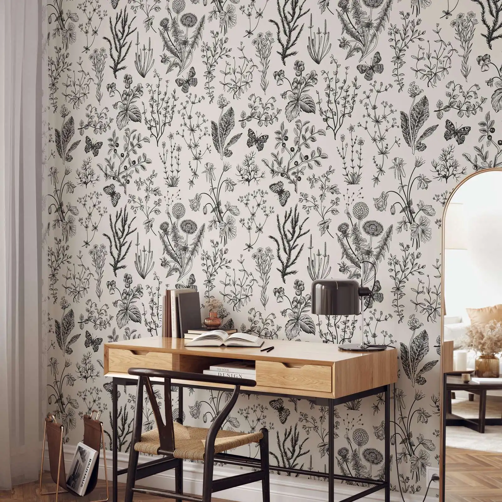 Black and Beige Vintage Herbs Wallpaper, Retro Floral Wall Art, Monochrome Botanical Wallpaper,Or Tradition Un-paste Wall Mural
