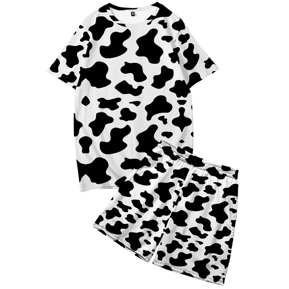 Black White Cow Print Men Sets Cow Spots Pattern Casual T-shirt Set Hawaiian Fitness Outdoor Shorts Summer Suit 2 Piece Clothing