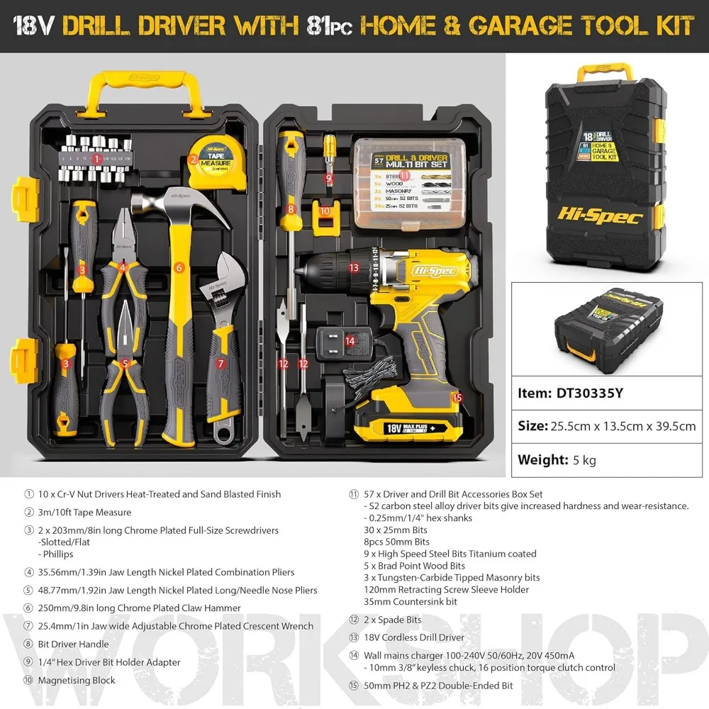 81 pcs 18V cordless drill driver and household tool set, drill tool set combo kit in tool storage box