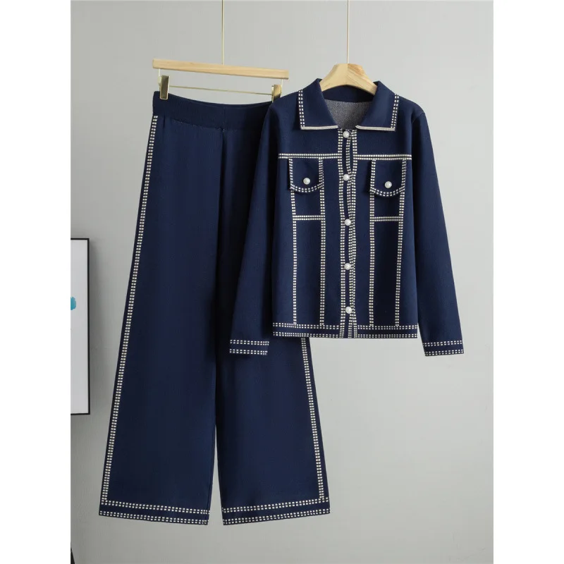 Greenora Matching Set Scandinavian Style Old Money Women Plaid Knit Sweater Wide Leg Pants Two Piece Set