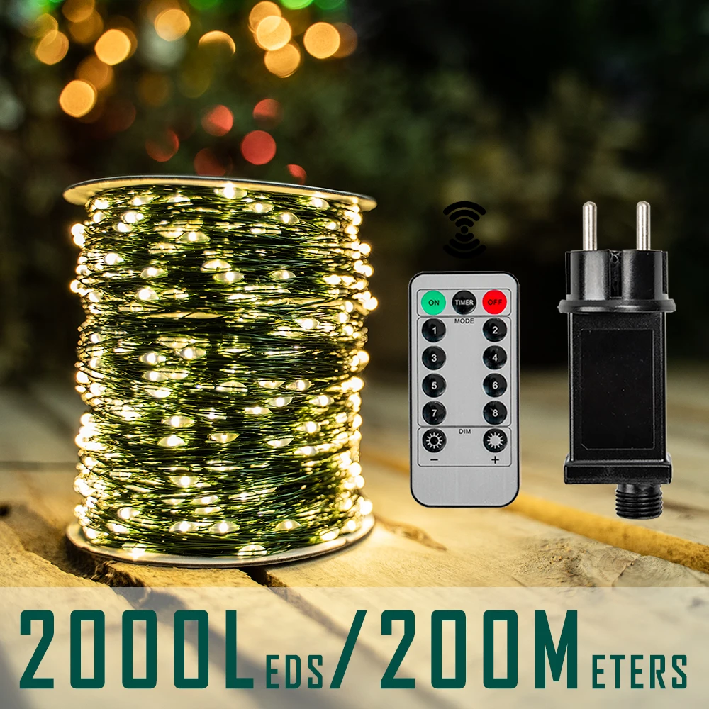 Lampki LED 10-200m, wodoodporne, girlanda świetlna z pilotem, do dekoracji na zewnątrz, na choinkę, do ogrodu, na ulicę, na wesele, imprezę.