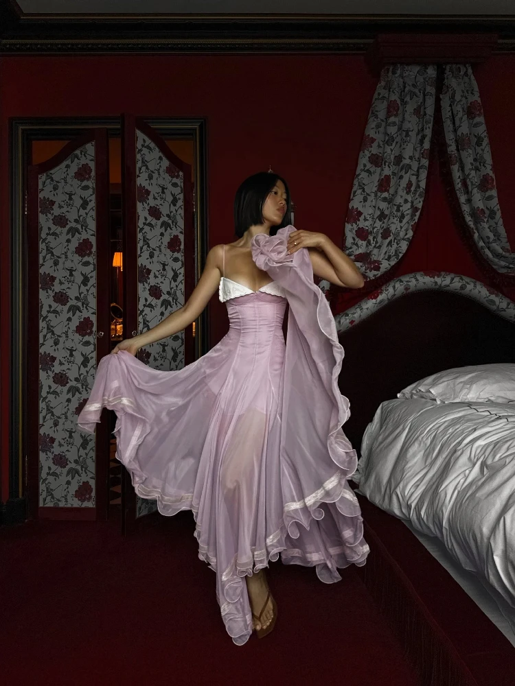 Chic Contrast Pleated Women's Long Dress Sexy Spaghetti Strap Backless Ruffle Hem A-line Maxi Dress 2026 Summer Beach Lady Robe