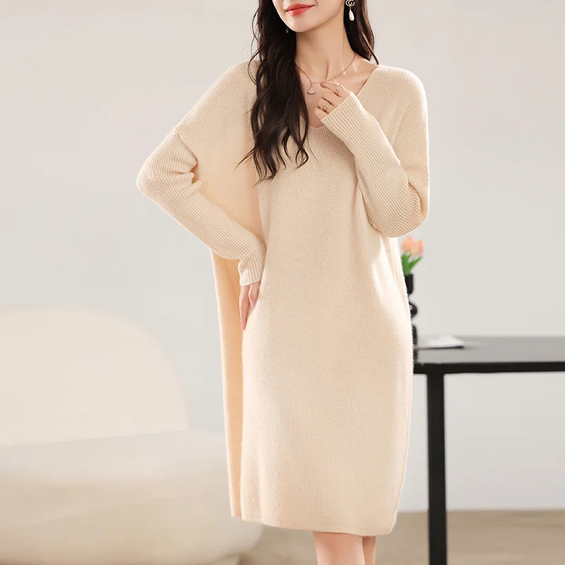 Female Clothing 2024Autumn/Winter 100% Wool Knitting Long Sleeve Mid Long Dress On Offer Clearance Free Shipping Women's Sweater