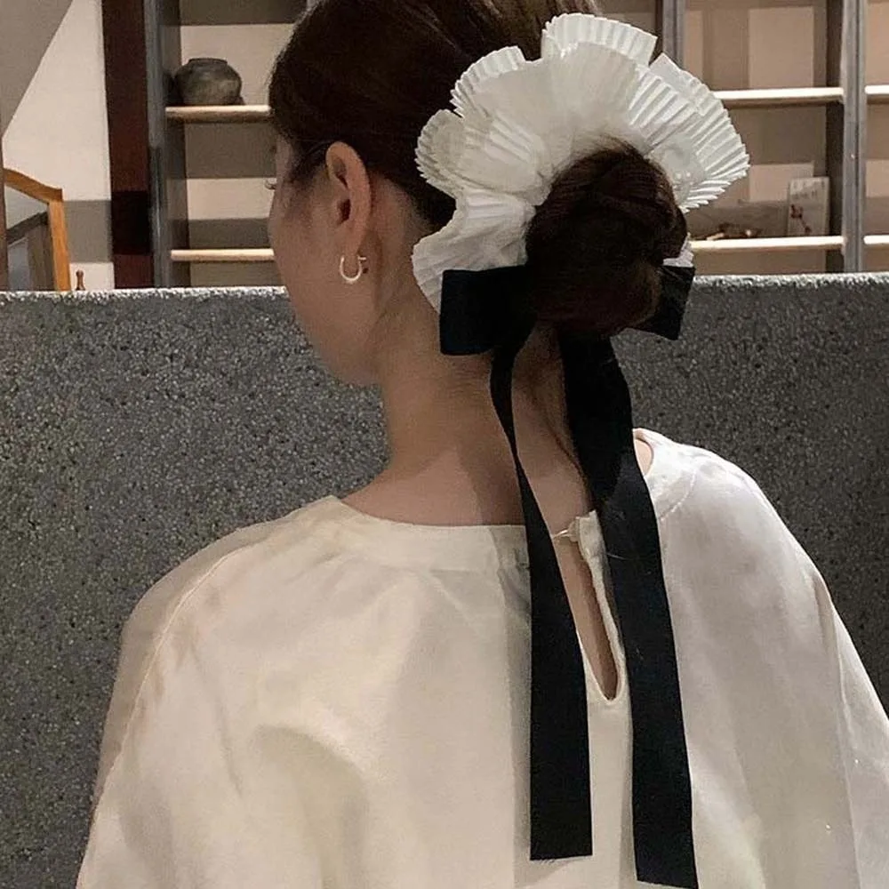 Bowknot Ponytailer Large-Size Oversized Scrunchies Elegant Elastic Ruffle Scrunchie Handmade Chic Ribbon Hair Tie Office