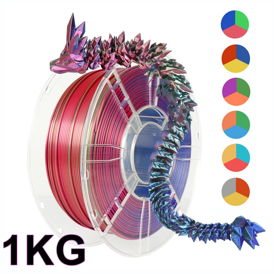 Newest Tricolor Silk PLA Plastic 3D Printer Filament 1.75mm 1KG Triple Color Coextrusion Transparent Spool 3D Printing Material