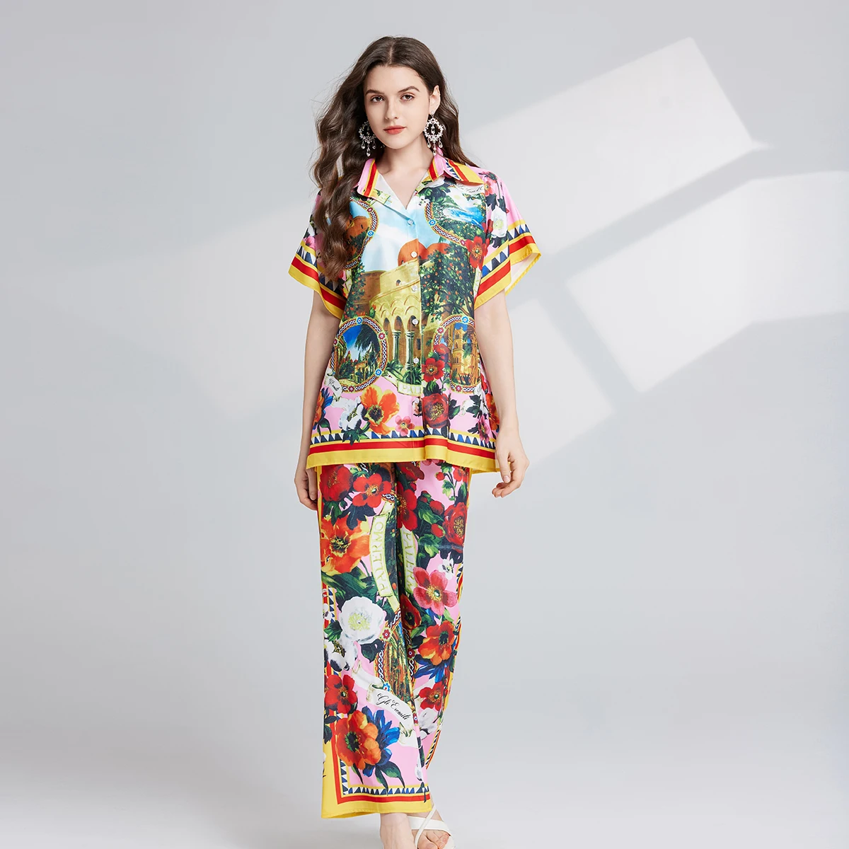 Vintage Painted Flower Print Runway Pants Suit Women\'s Turn Down Neck Short Sleeve Shirt Tops + Wide Leg Pants Two Pieces Set