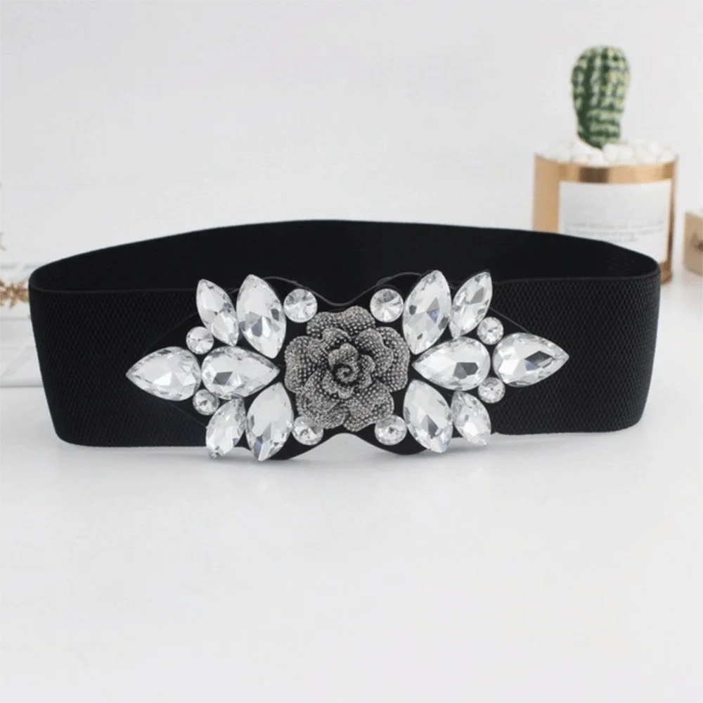 Casual Rose Flower Elastic Cummerbunds Wide Korean Style Women Waistband Strap Belt Black Rhinestone Waist Belt Dress