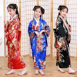 Klasyczne tradycyjne dziewczęce suknia Kimono Yukata z Obitage japońskim szlafrokiem z nadrukiem kwiatowa satynowa odzież sportowa Cosplay