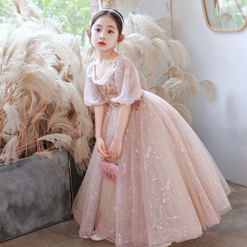 Bridesmaid Princess Dress For Girls Sequin Tulle Birthday Party Tulle Clothes Flower Girls Wedding Pageant Long Communion Gown