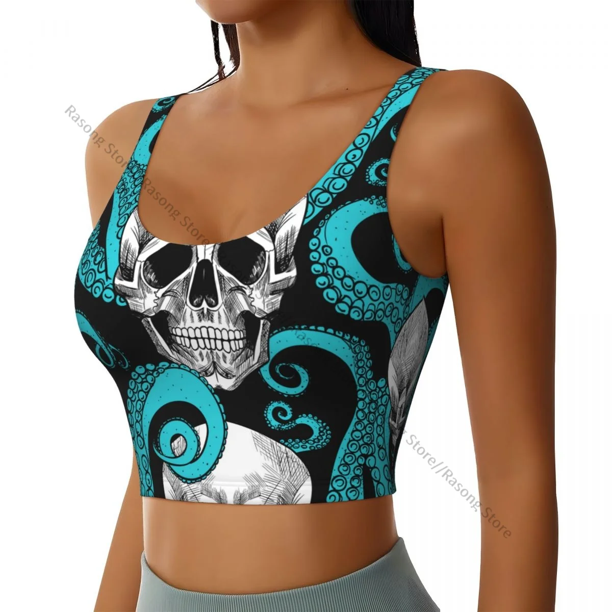 Sports Bra Women Running Yoga Clothes Vest White Skull With Octopus Foot Gathering Fitness Vest