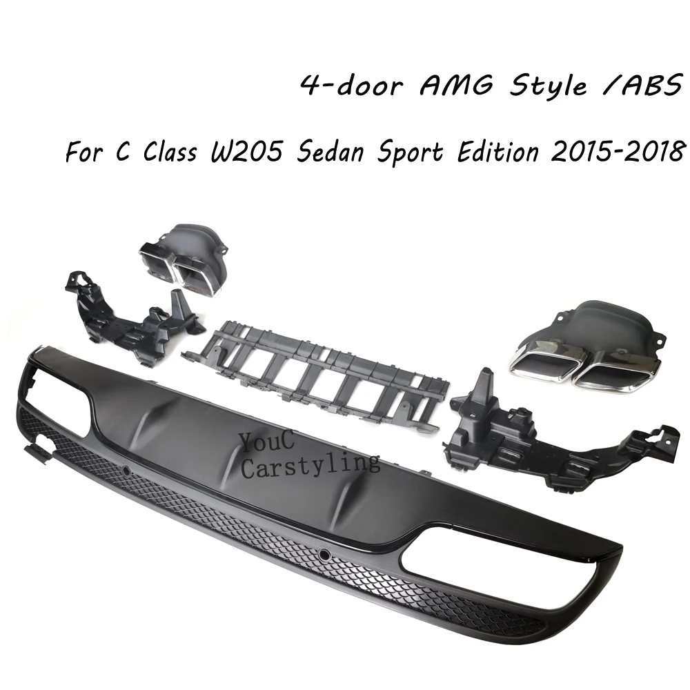 W205 AMG Style Rear Diffuser With 304 Stainless Steel 4-outlet Exhaust  For Mercedes C W205 4-Door Sport Sedan 2015-2018