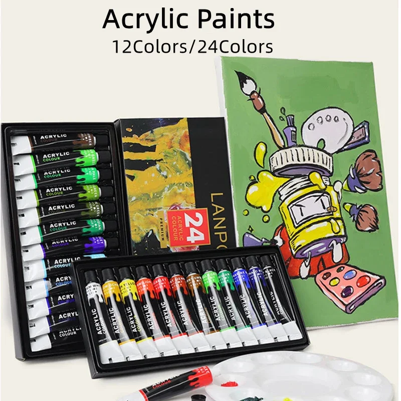 Imagem -04 - Tintas Acrílicas 12 24 Cores Conjunto Profissional 12ml Tubos Artista Desenho Guache Tecido Vidro Óleo Cor Água Pintura Arte Suprimentos