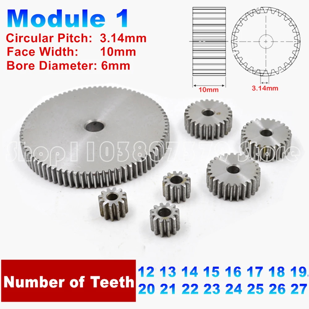 1pc Module 1 Carbon Steel Metal Spur Gears 12 13 14 15 16 17 18 19 20 21 22 23 24 25 26 27 Teeth 1M Pinion Gear Face Width 10mm