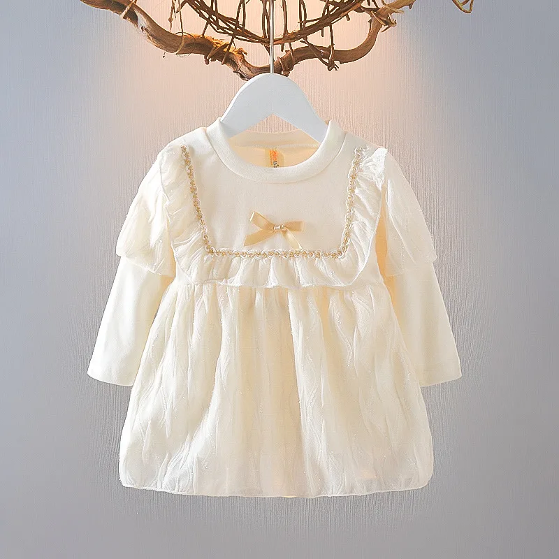 Girls Dresses Spring/Autumn Solid Color Bow Ruffled Design Long Sleeve Baby Girl Dress Simple And Cute Baby Girl Clothing