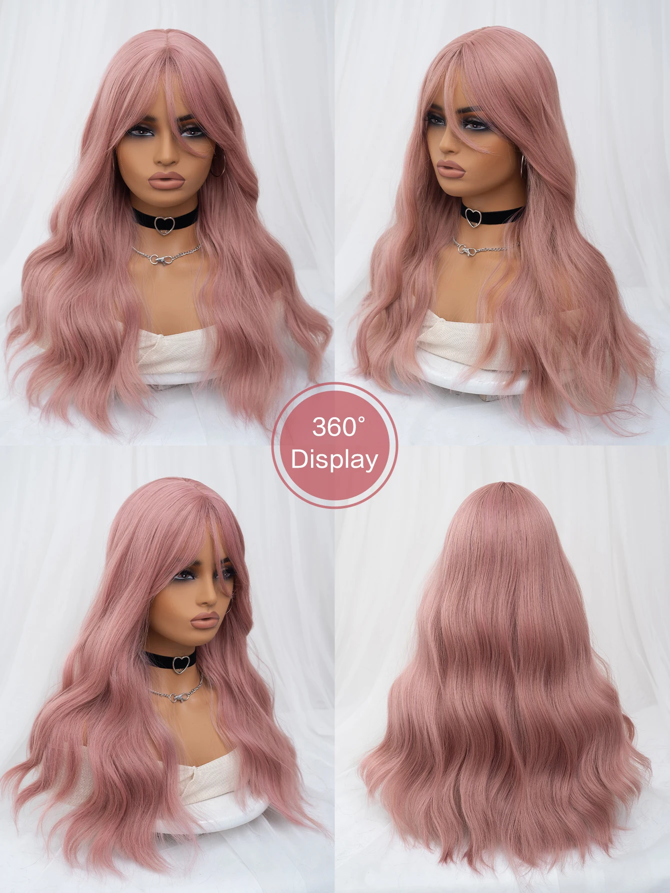 Perucas sintéticas com parte média para mulheres, cabelo longo natural encaracolado, peruca cosplay, drag queen, festa, resistente ao calor, cor rosa coral, 24in