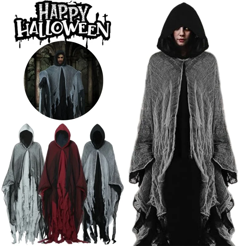 

Unisex Halloween Ghost Skeleton Cosplay Costume Gothic Horror Zombie Tattered Hooded Capes Day of the Dead Party Props Cloaks