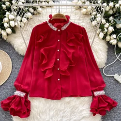 Women Stand Collar Petal Sleeves Elegant Ruffles Rhinestone Slim Single Breasted Top French Streetwear High Street Autumn Blouse