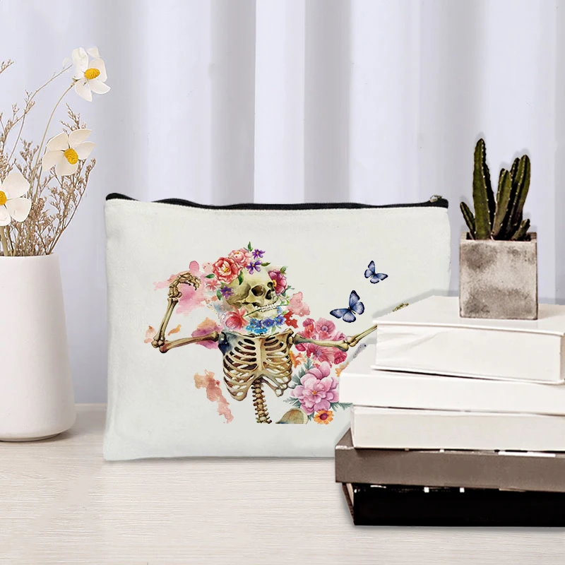 Funny Skull Skeleton Floral Butterfly Pattern Makeup Bag Halloween Gift for Friend Sister Bestie Nurse Toiletry Bag Cosmetic Kit