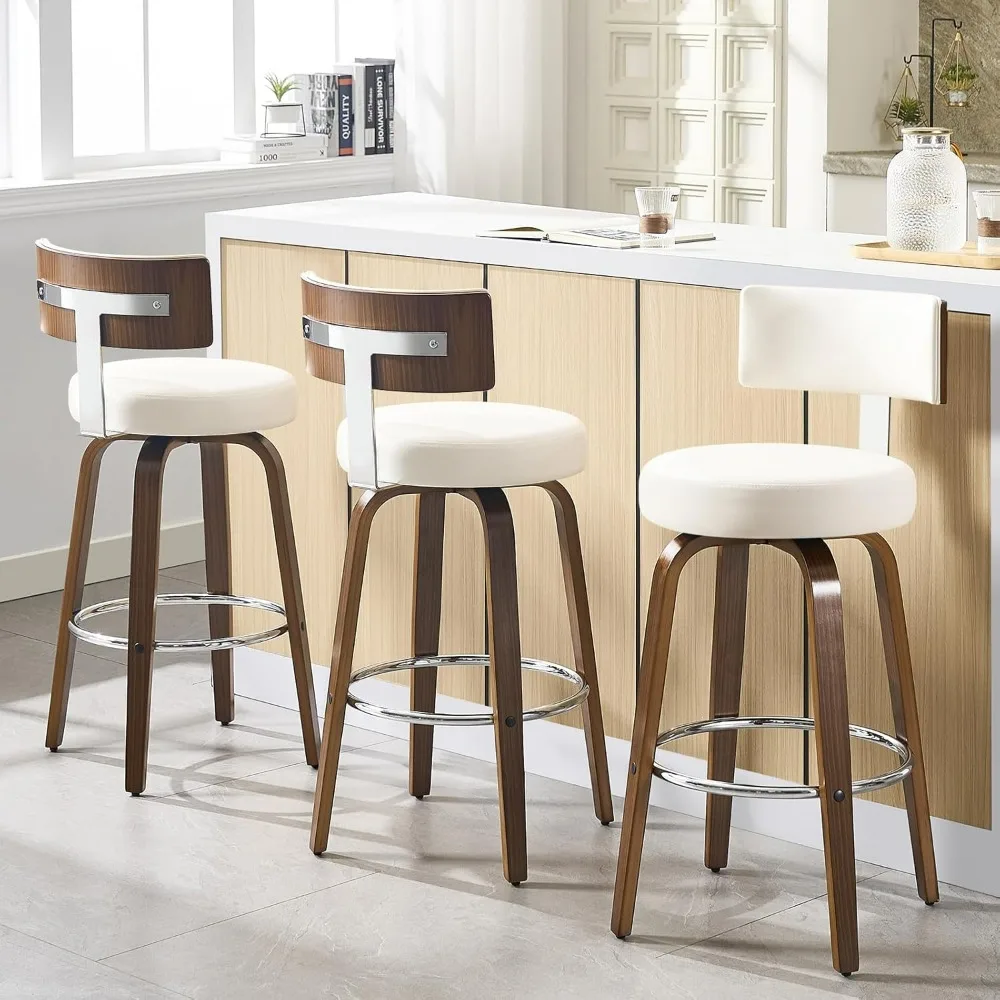 Swivel Counter Height Bar Stools Set of 3, Faux Leather Kitchen Stools Upholstered Barstools with Back, Walnut Wood Legs