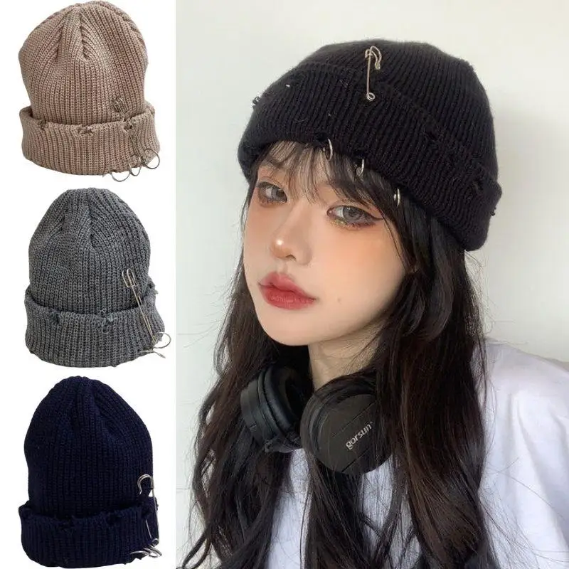 Unisex Autumn Winter Hip Hop Hole Hat Grinding Knitted Bonnets Hats Metal Pin Brimless Hats Beanie Outdoor Melon Cap Streetwear