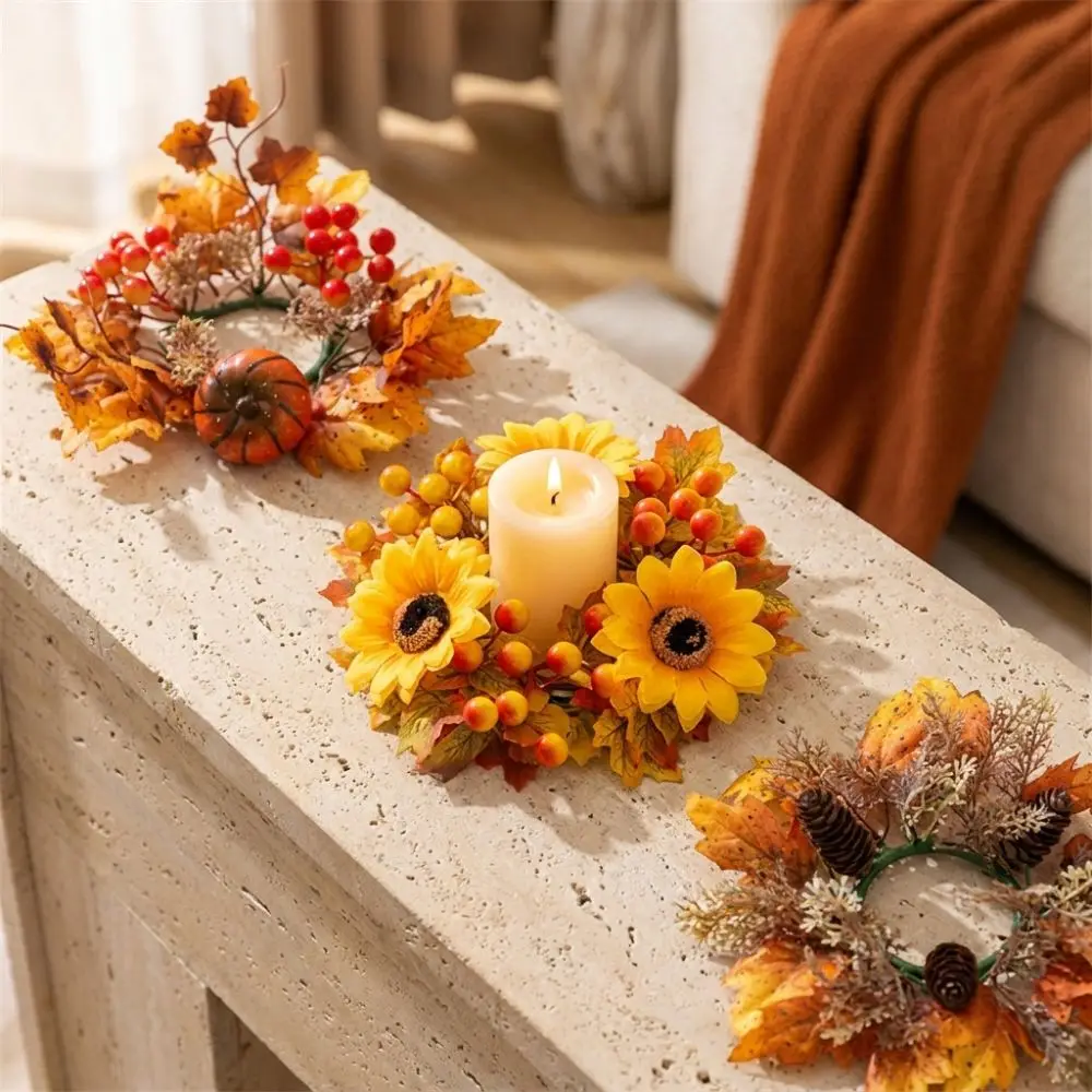 Rustic Fall Candle Ring Wreath Fade Resistant Maple Leaves Artificial Maple Mini Wreath Long Lasting
