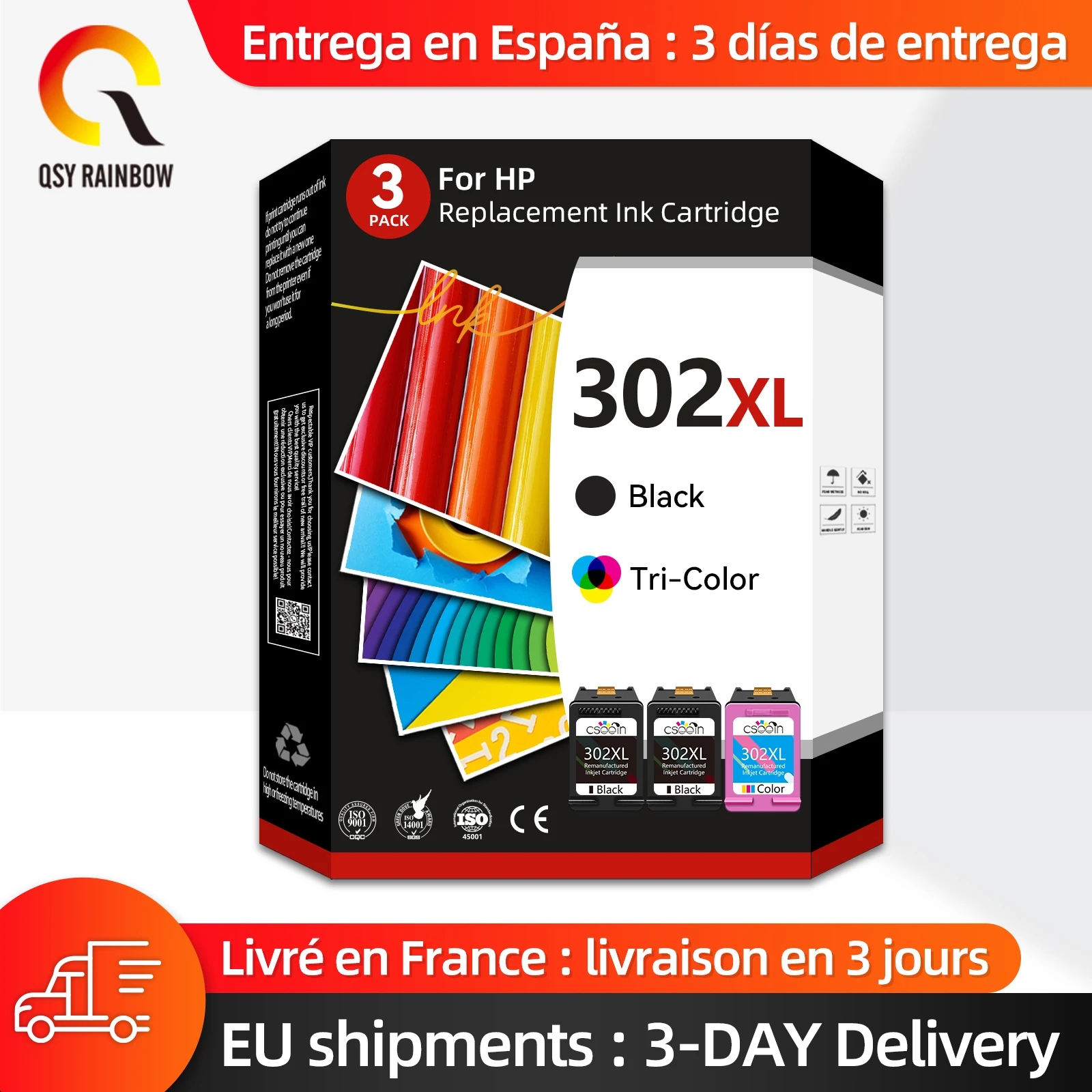 QSYRAINBOW Remanufactured For HP 302 Ink Cartridge HP302 XL Ink Cartridge Deskjet 1110 1111 1112 2130 2131 4511 3833  5220