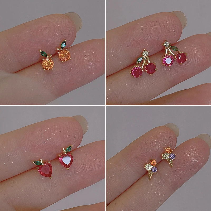 Sweet Lovely Orange Cherry Stud Earrings for Women Delicate Colorful Cubic Zirconia Fruit Earring Jewelry Unique Gifts