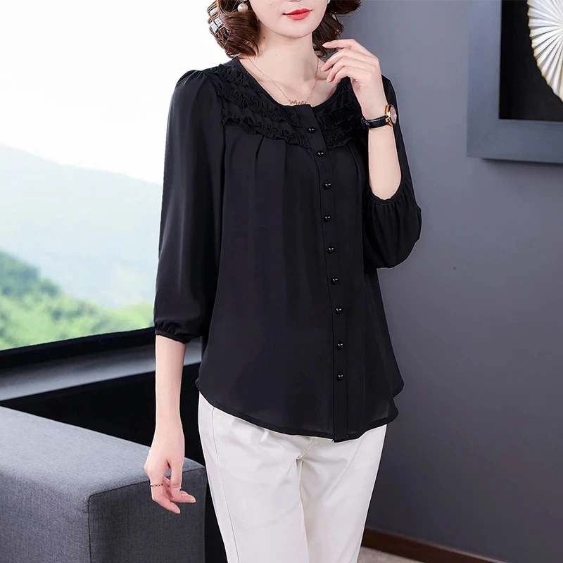 Middle Age Women Blouse Summer New  Blouse 6XL Mother Nine Sleeves Shirt Print Blusa Feminina Tops Cardigan Shirts1055