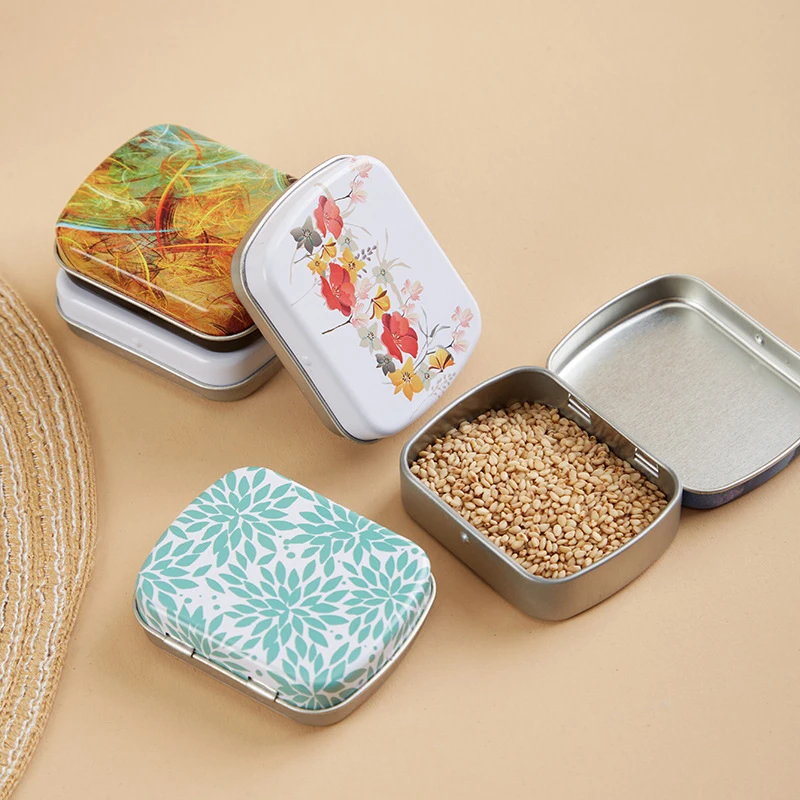 Floral Pattern Mini Storage Box for Candy and Pill Cute Square Tin Small Box with Cover Lid High Quality Jewelry Tinplate Can