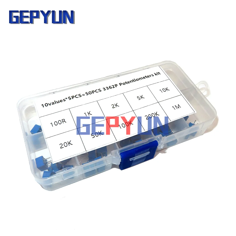 

50PCS 10values*5PCS 3362P Multiturn trimming potentiometers kit 500R-1M 3362 Potentiometer 500 ohm-1M ohm