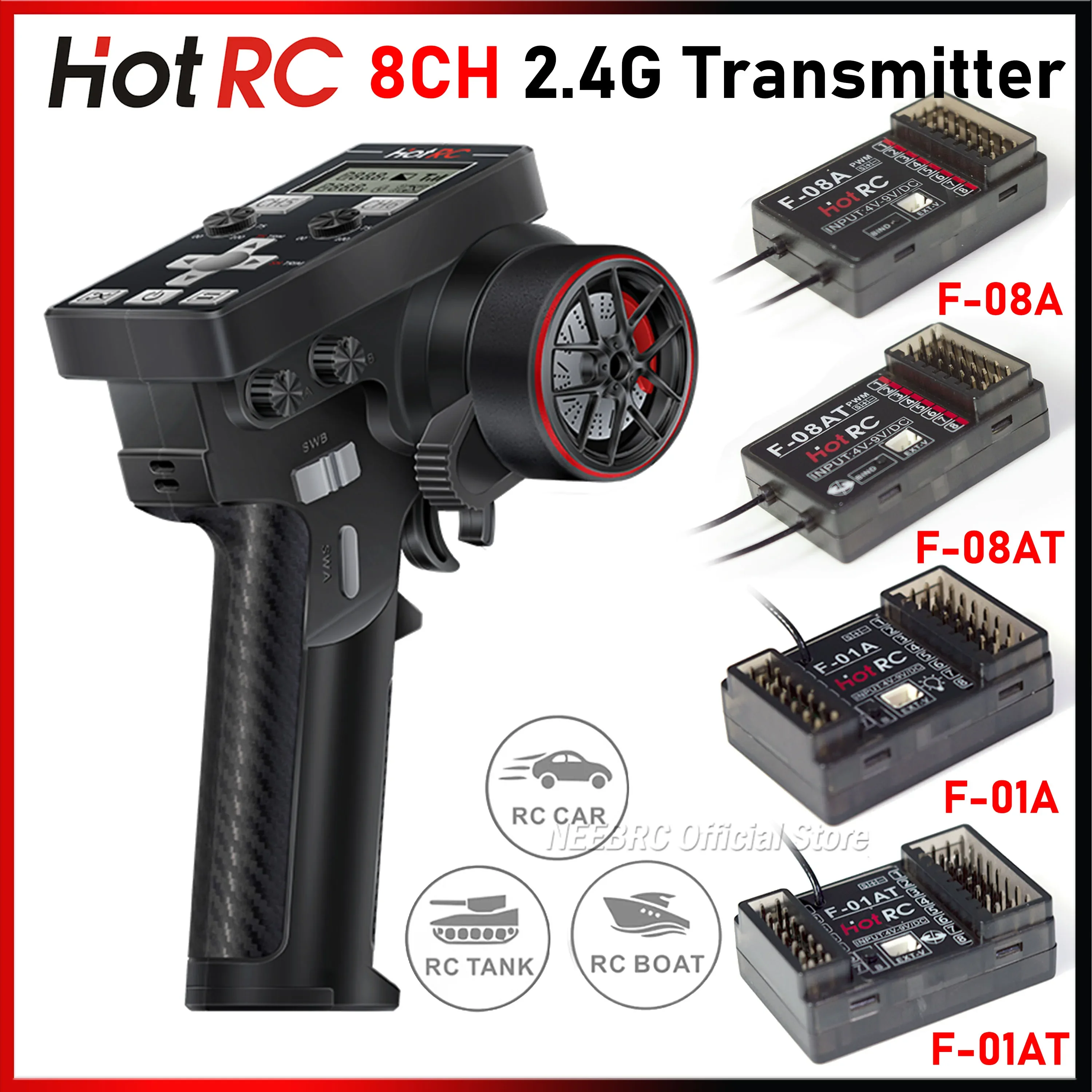 HOTRC 8CH 2.4G Trasmettitore CT-6B LCD Telecomando F-08A F-08AT F-01A F-01AT Ricevitore giroscopico Ritorno di tensione per RC Auto Barca Serbatoio