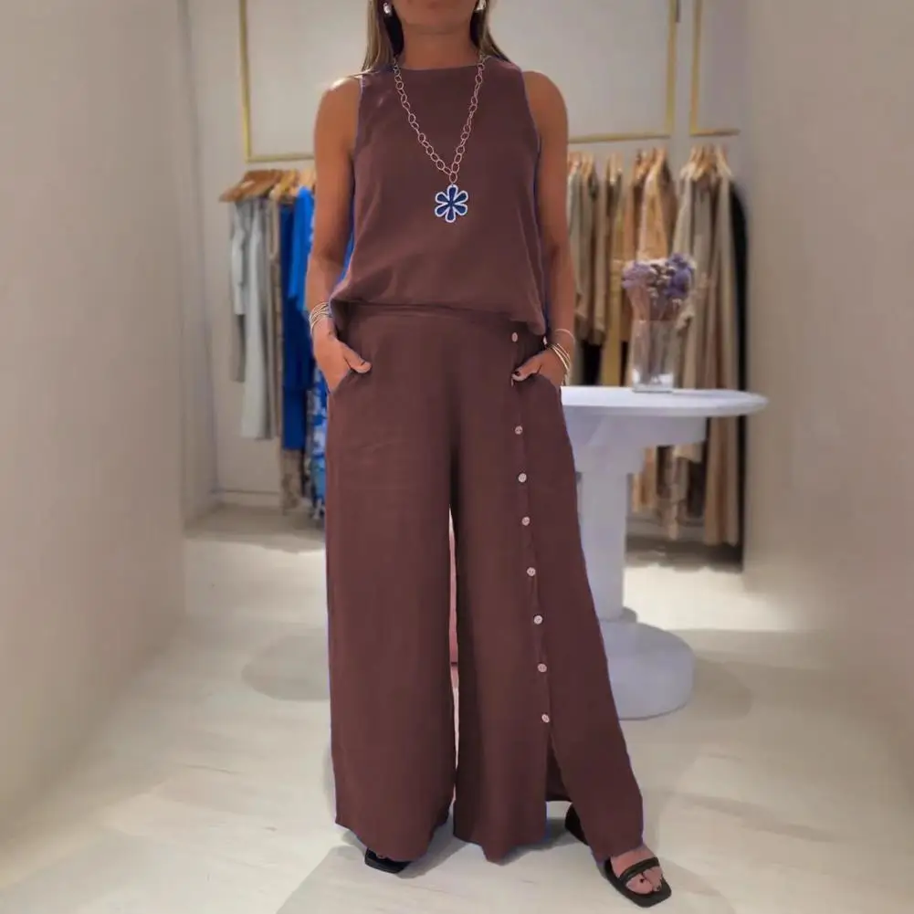 

Женский комплект из двух предметов из хлопка и льна с круглым вырезом, топ без рукавов, широкие брюки с разрезом на пуговицах и карманами, повседневный женский комплект для отдыха
