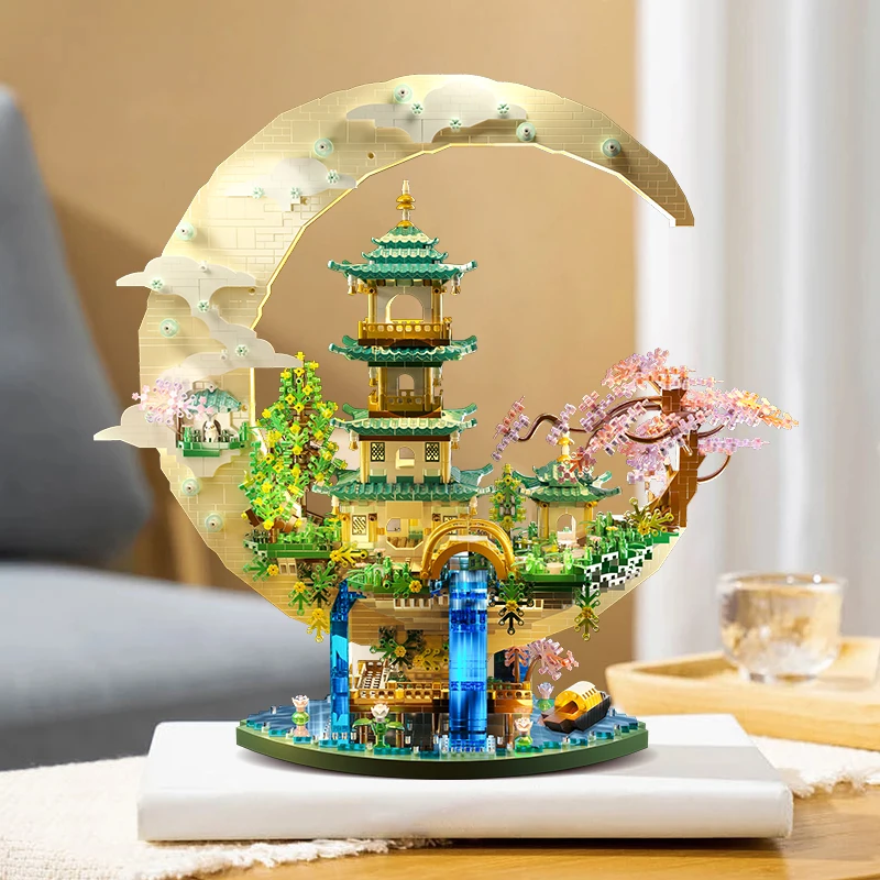 OUZEY 4288+PCS Magical Moon Palace Building Blocks, Light Up Toad Palace & Flower Waterfall, Romantic Chinese Model Display Gift
