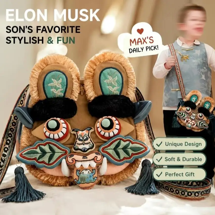 

China-Chic Lion Awakening Shoulder Bags Musk Son's Pick Tiger Head Bag Chinese Style Messenger Bag Birthday Gifts for Kids Adult