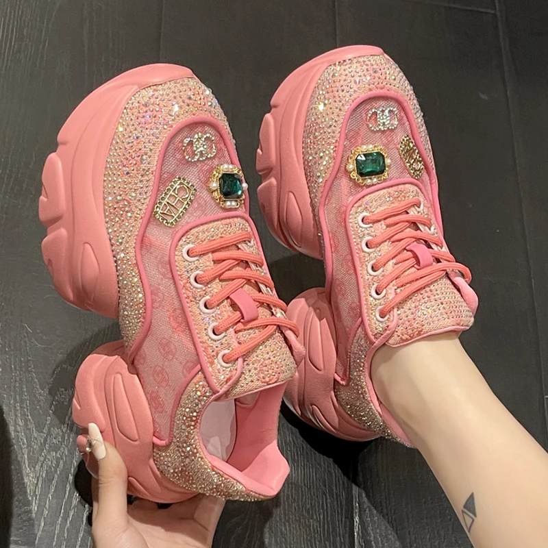 Women Luxury Shoes Vulcanized Sneakers Bling Rhineston Wedges Thick Bottom Platform Lace Up Comfortable Casual Shoe For Female